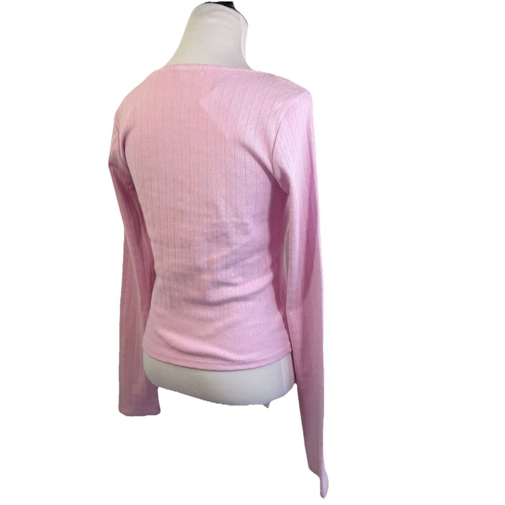 RSQ Long-Sleeve Shirt L Pink Pointelle Bow Coquette Cottagecore Cute BalletCore - Picture 4 of 14